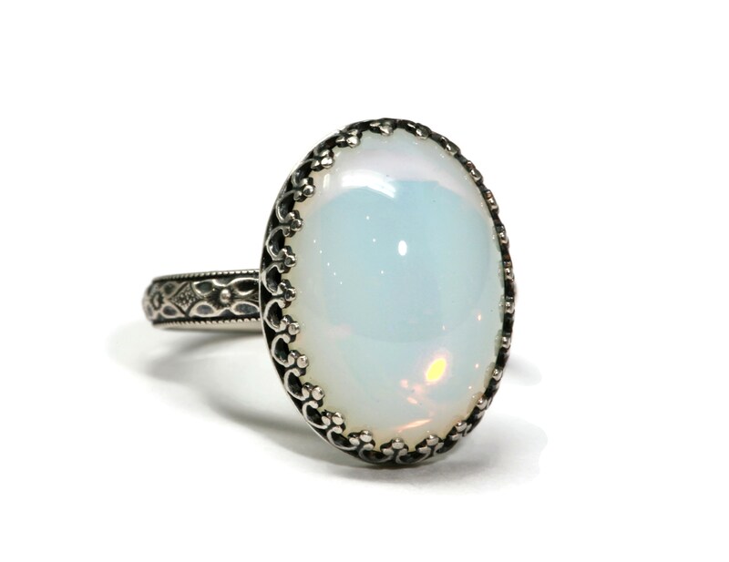 18x13mm White Opal Czech Glass 925 Antique Sterling Silver Ring by Salish Sea Inspirations